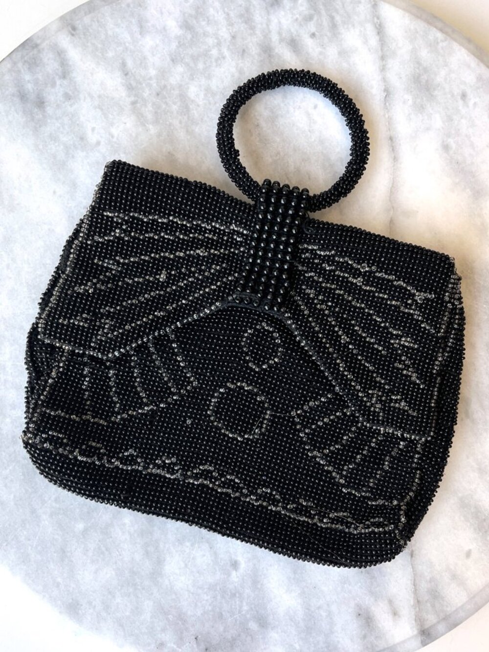 Antique Czechoslovakia Art Deco Black Seed Bead Petite Evening Handbag Purse